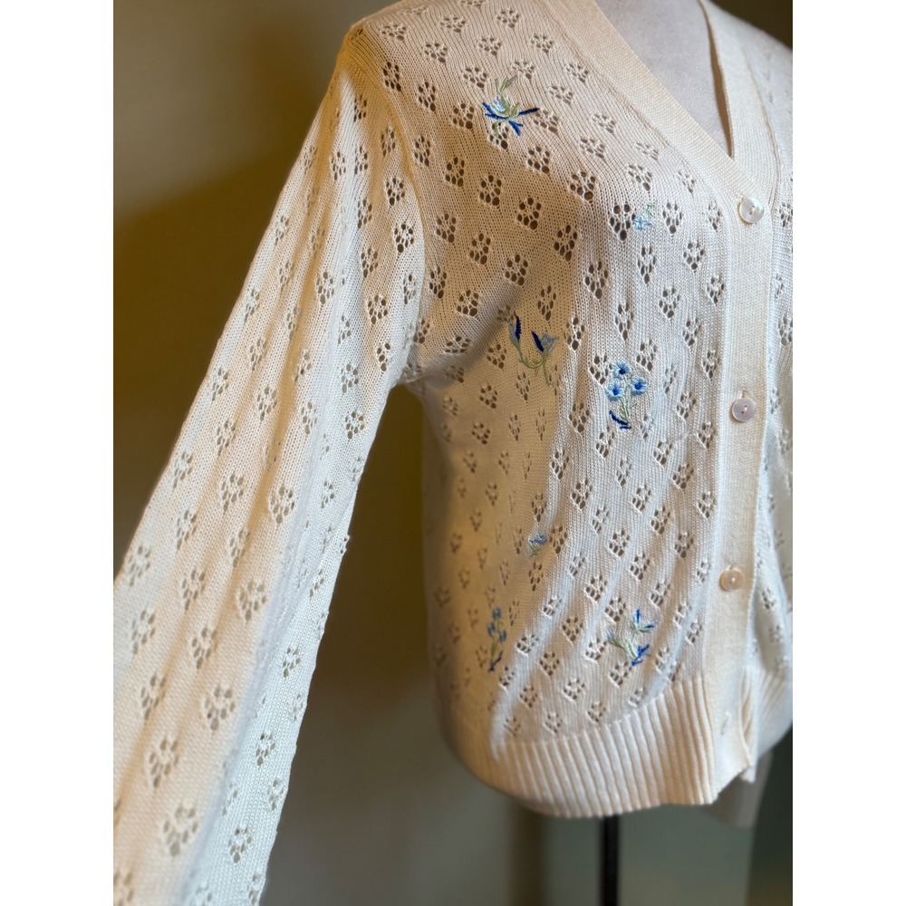 Cream Floral Embroidered Open Knit Cardigan Sweater XL‎ boho cottagecore granny - Picture 2 of 5